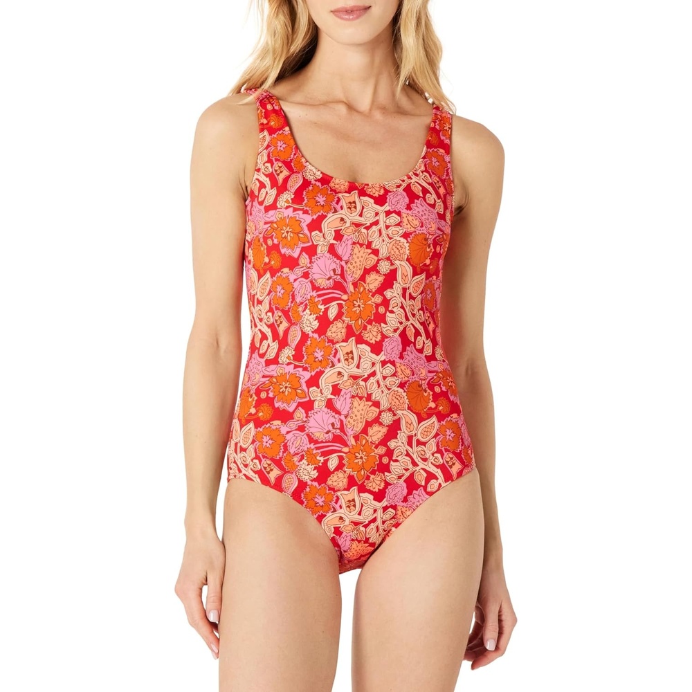 image:imageAmazon Essentials Womens OnePiece Scoop Neck Coverage Swimsuit Available in Plus SizeBright Red Multi Folk Floral