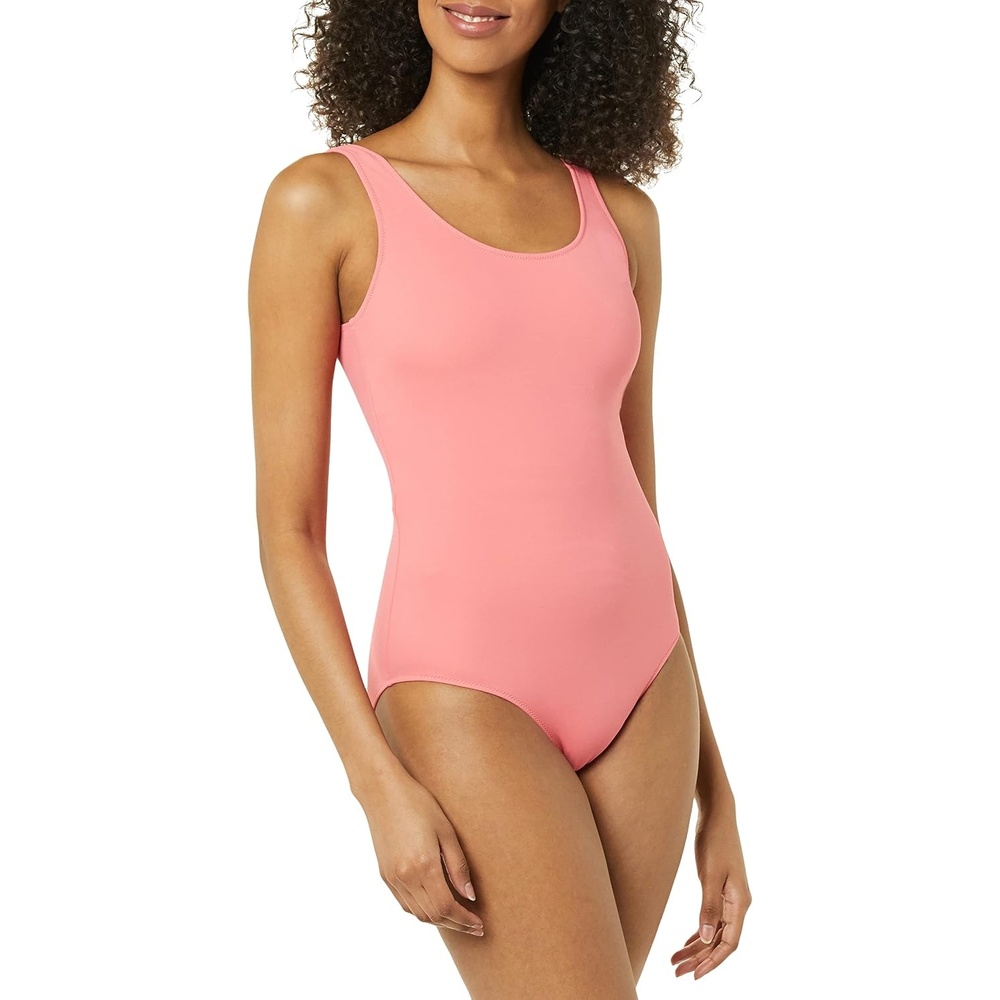 image:imageAmazon Essentials Womens OnePiece Scoop Neck Coverage Swimsuit Available in Plus SizeCoral Pink
