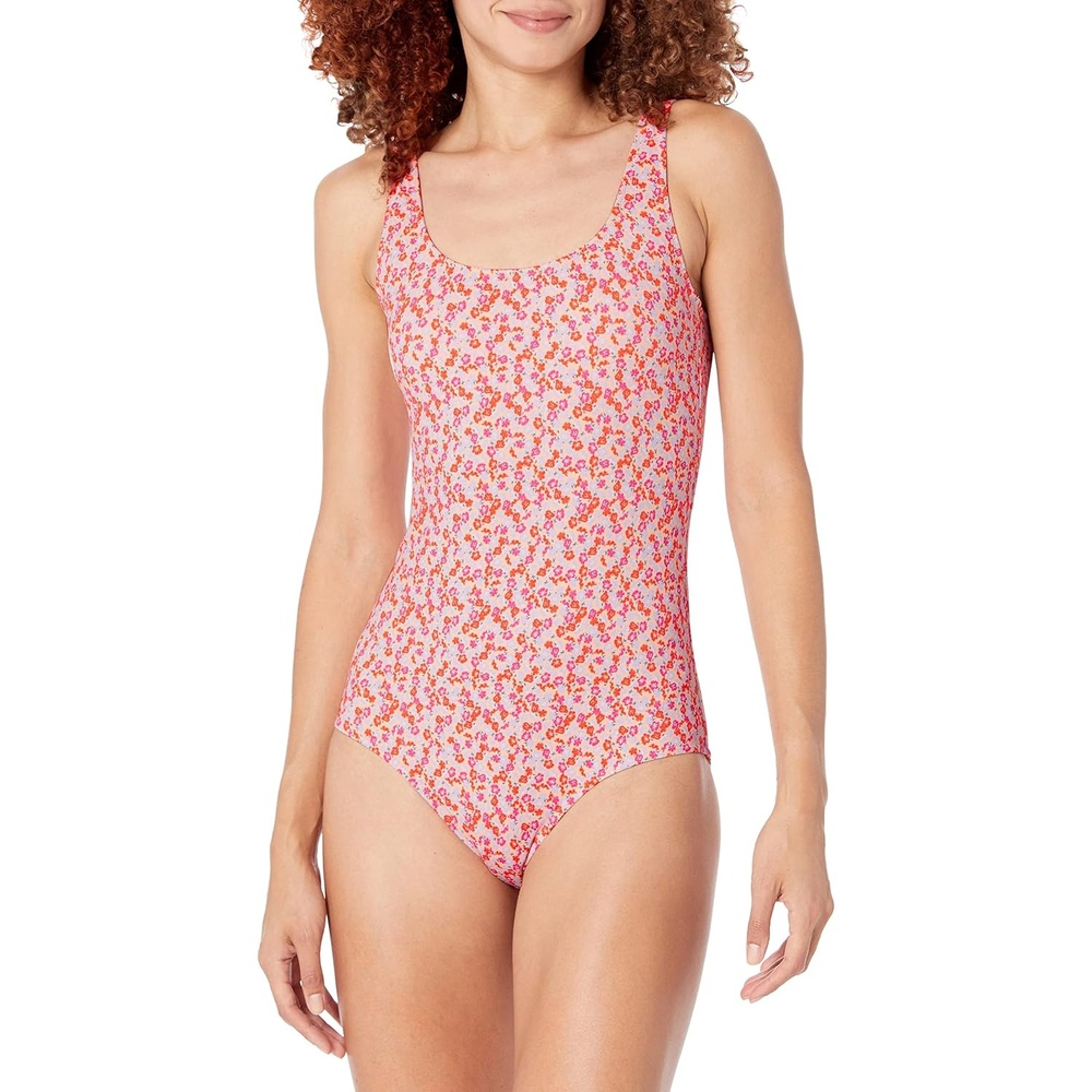 image:imageAmazon Essentials Womens OnePiece Scoop Neck Coverage Swimsuit Available in Plus SizePale Peach Micro Floral