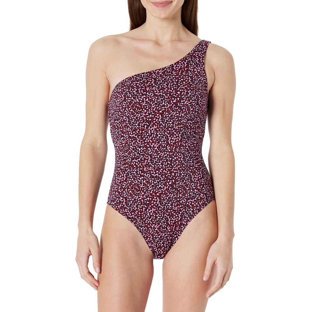 image:imageAmazon Essentials Womens OneShoulder OnePiece SwimsuitBrick Red Lilac Leopard