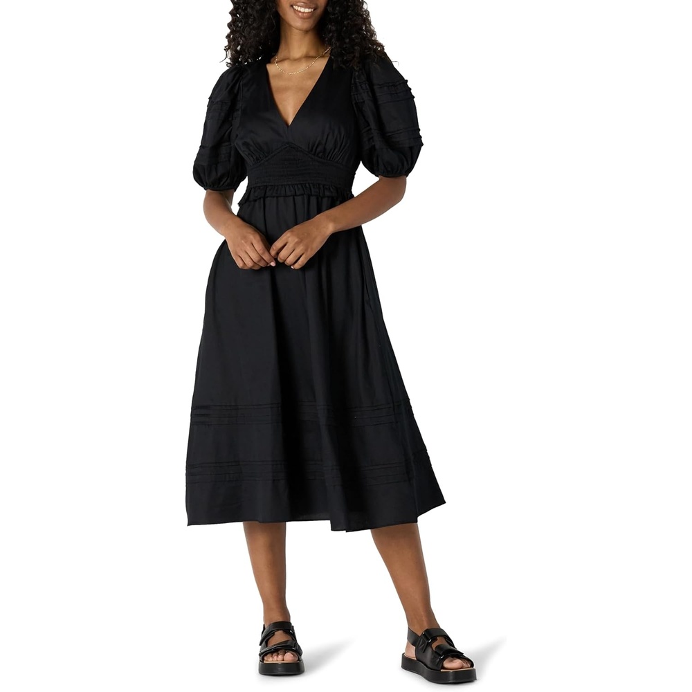 image:imageAmazon Essentials Womens RegularFit Cotton Sateen Puff Sleeve Midi Dress VNeckBlack