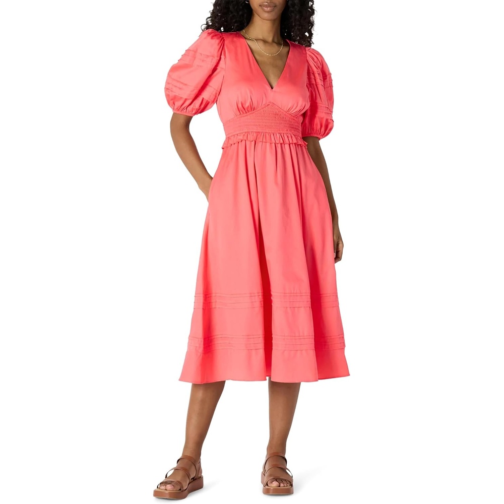 image:imageAmazon Essentials Womens RegularFit Cotton Sateen Puff Sleeve Midi Dress VNeckCoral Pink