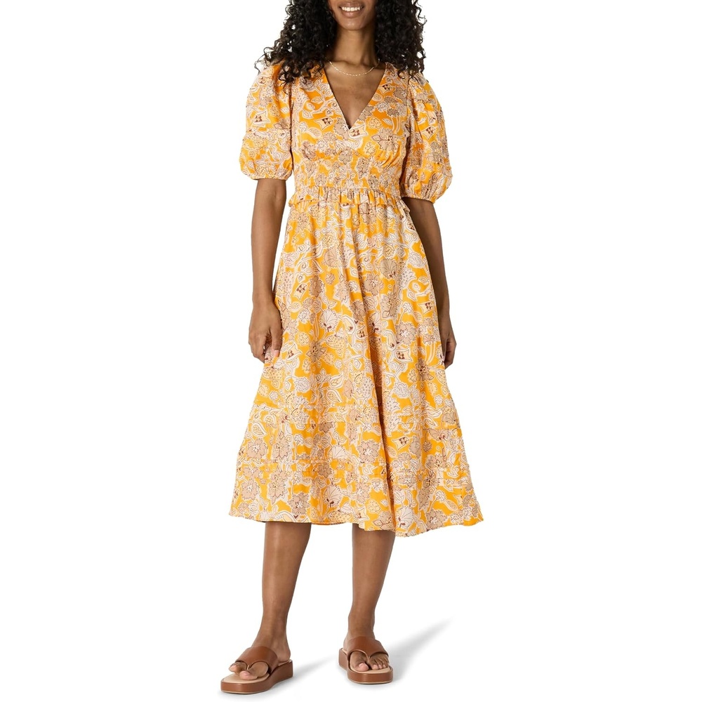 image:imageAmazon Essentials Womens RegularFit Cotton Sateen Puff Sleeve Midi Dress VNeckGolden Yellow Beige Folk Floral Multi