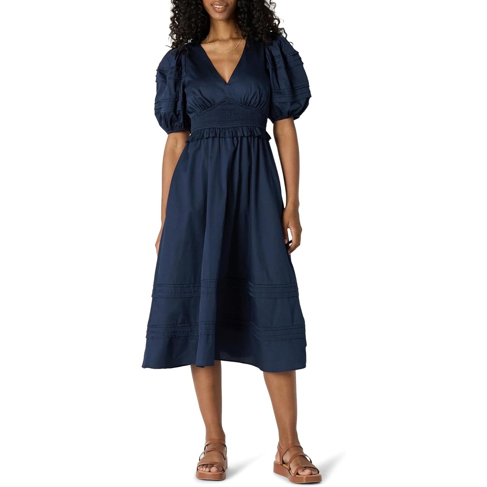 image:imageAmazon Essentials Womens RegularFit Cotton Sateen Puff Sleeve Midi Dress VNeckNavy