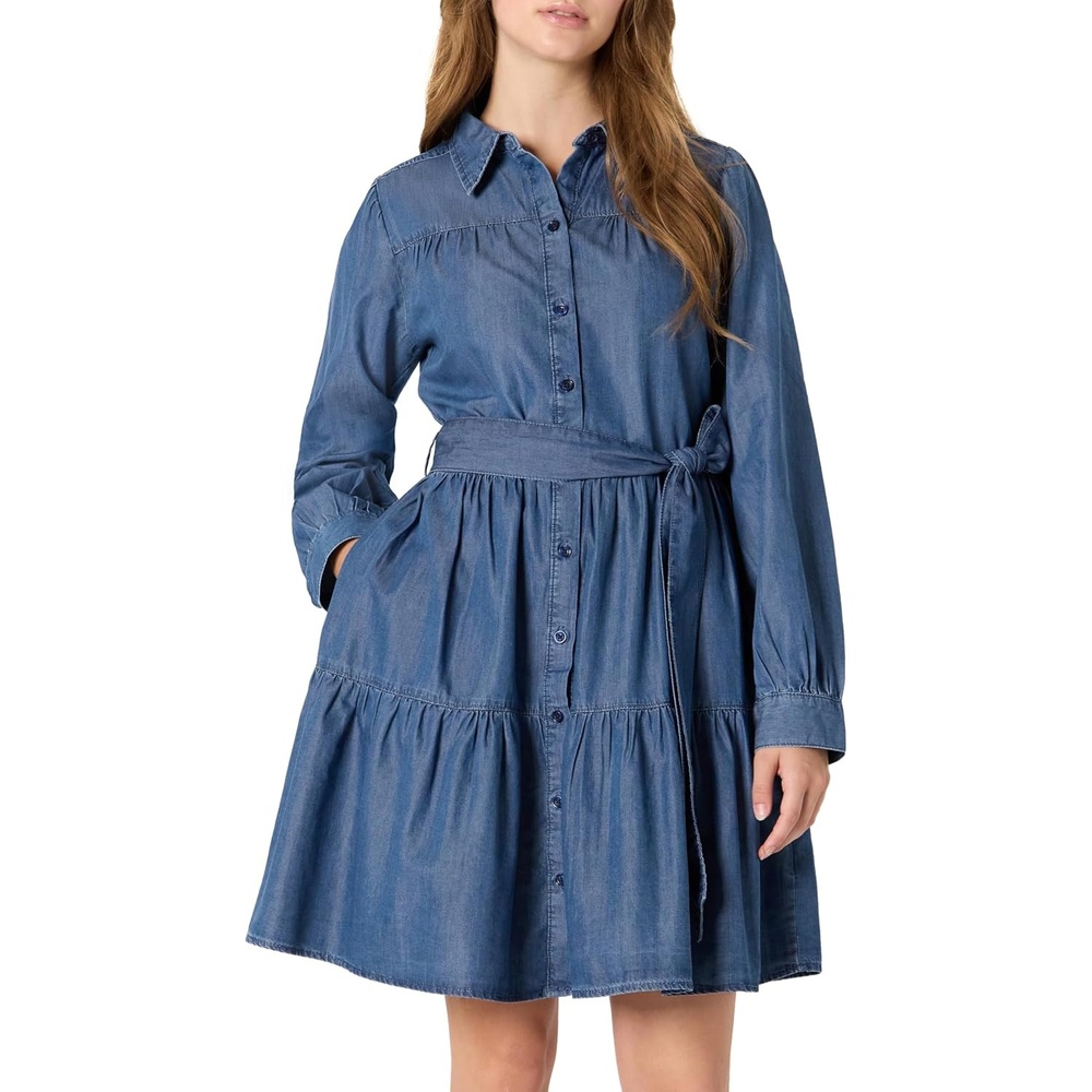 image:imageAmazon Essentials Womens RegularFit Denim Chambray LongSleeve DressClassic Medium Wash