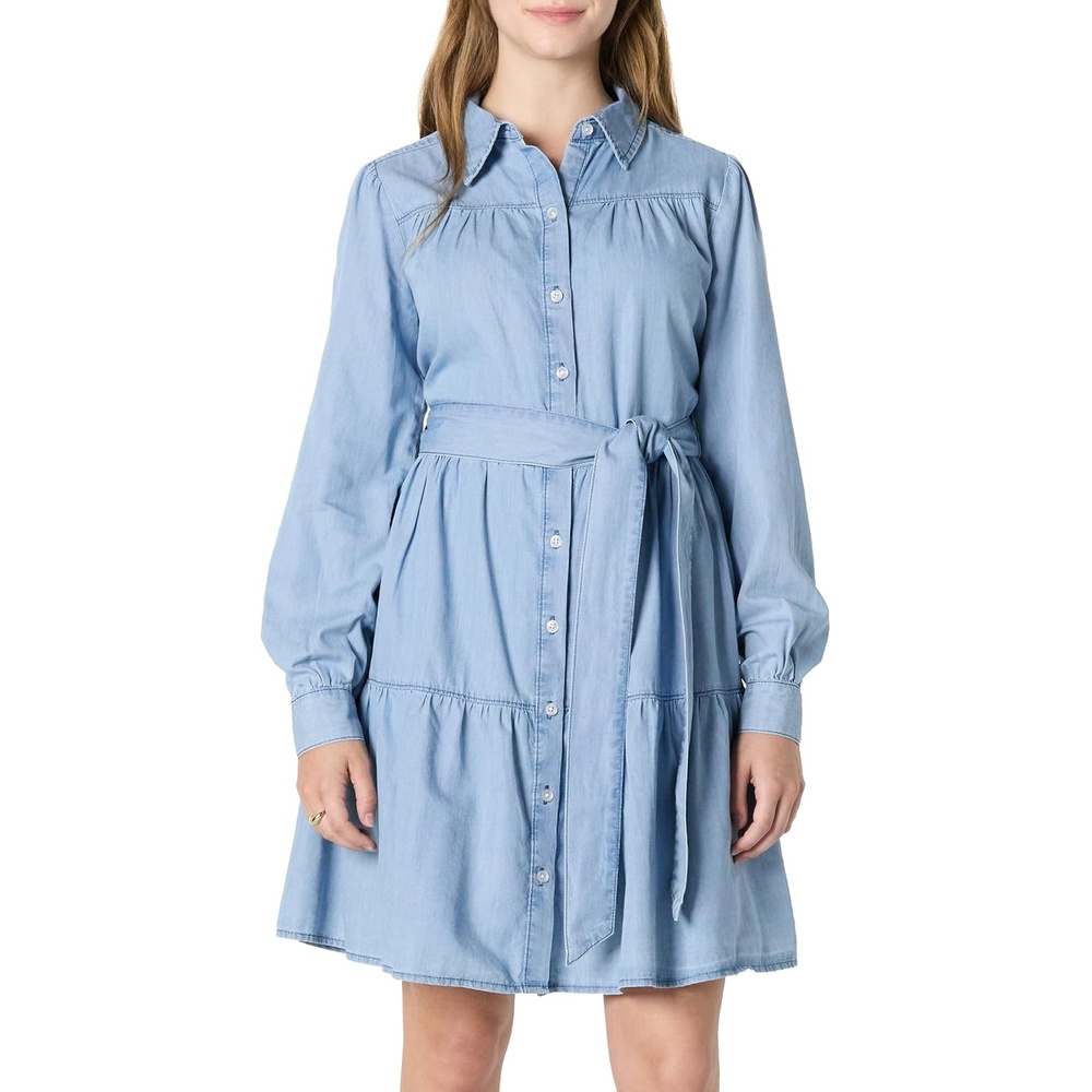 image:imageAmazon Essentials Womens RegularFit Denim Chambray LongSleeve DressIced Blue Light Wash