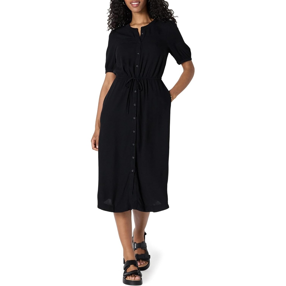 image:imageAmazon Essentials Womens Relaxed Fit HalfSleeve Breathable Button Front Drawstring Waist Midi ALine Dress with PocketsBlack