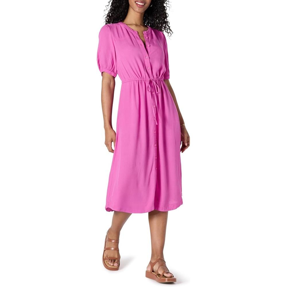 image:imageAmazon Essentials Womens Relaxed Fit HalfSleeve Breathable Button Front Drawstring Waist Midi ALine Dress with PocketsBright Pink