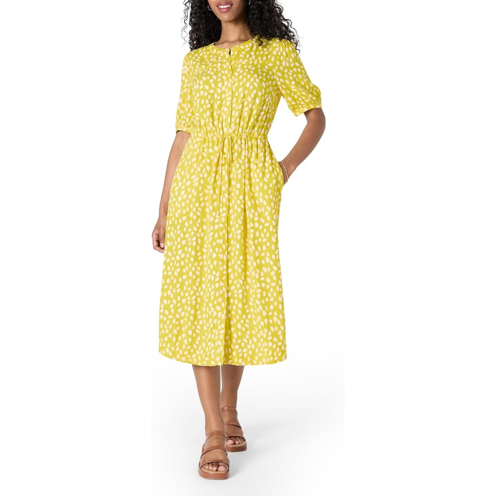 image:imageAmazon Essentials Womens Relaxed Fit HalfSleeve Breathable Button Front Drawstring Waist Midi ALine Dress with PocketsYellow Light Pink Petal