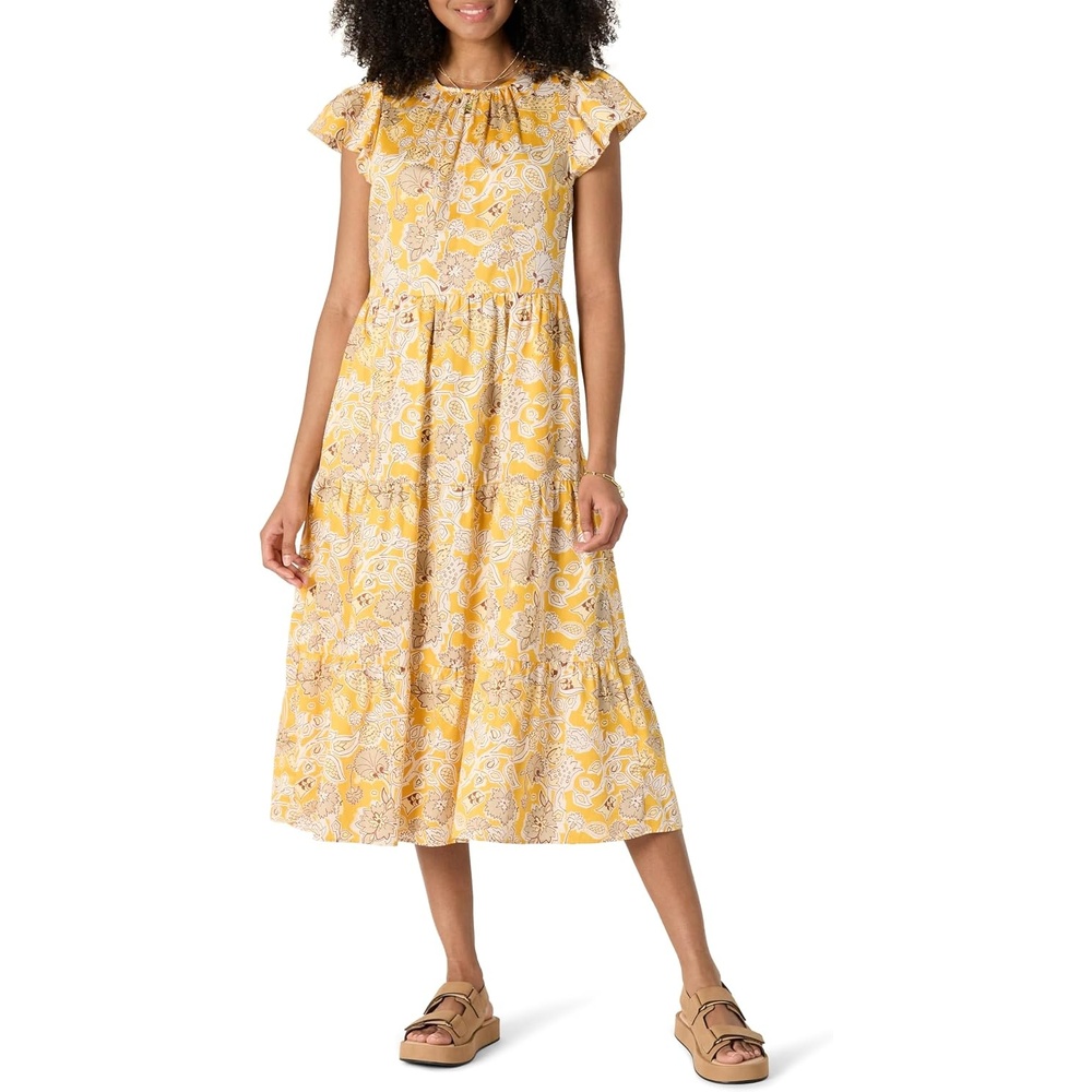 image:imageAmazon Essentials Womens RelaxedFit Cotton Sateen Crewneck Tiered Midi Dress with Flutter Sleeves Back Button Closure 475 Length