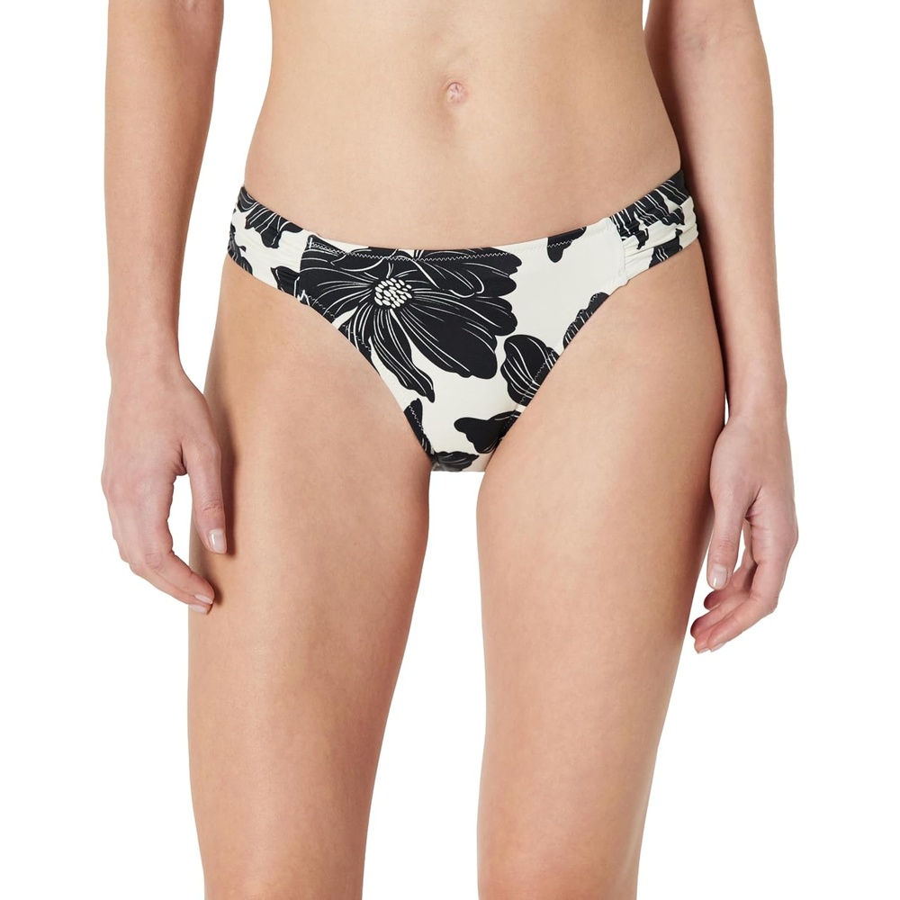 image:imageAmazon Essentials Womens Ruched Side Tab Full Coverage Bikini Swimsuit BottomCream Black Floral