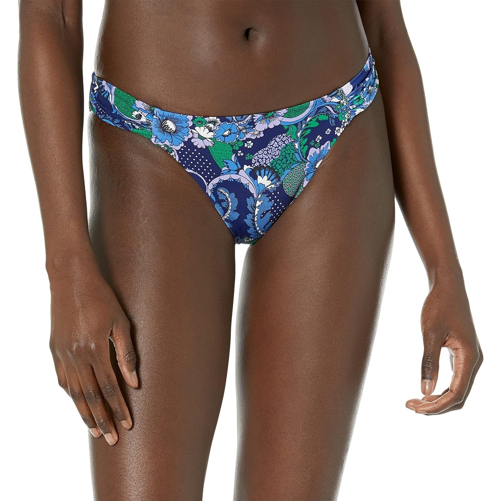 image:imageAmazon Essentials Womens Ruched Side Tab Full Coverage Bikini Swimsuit BottomDeep Blue Paisley