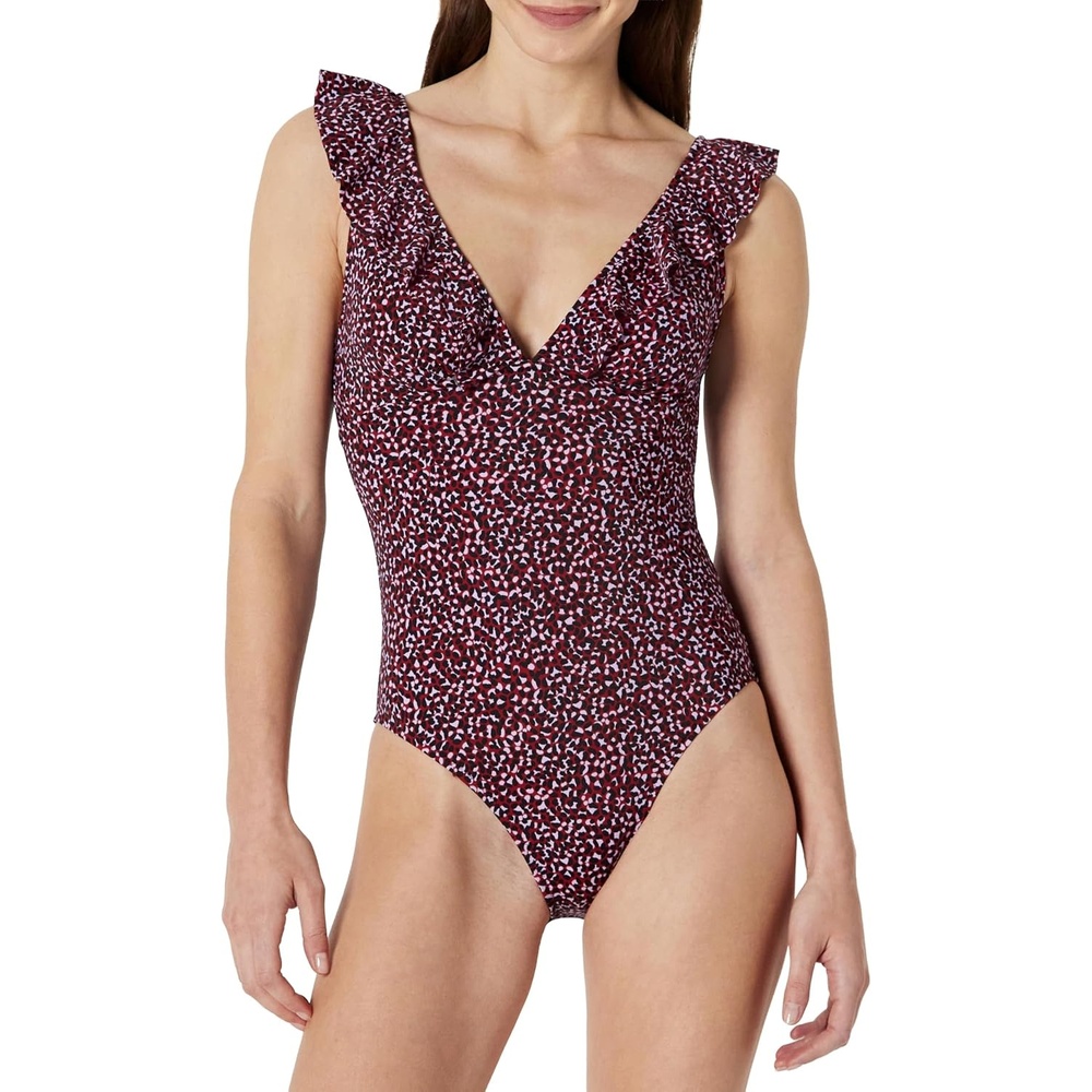 image:imageAmazon Essentials Womens Ruffle VNeck OnePiece SwimsuitBrick Red Lilac Leopard