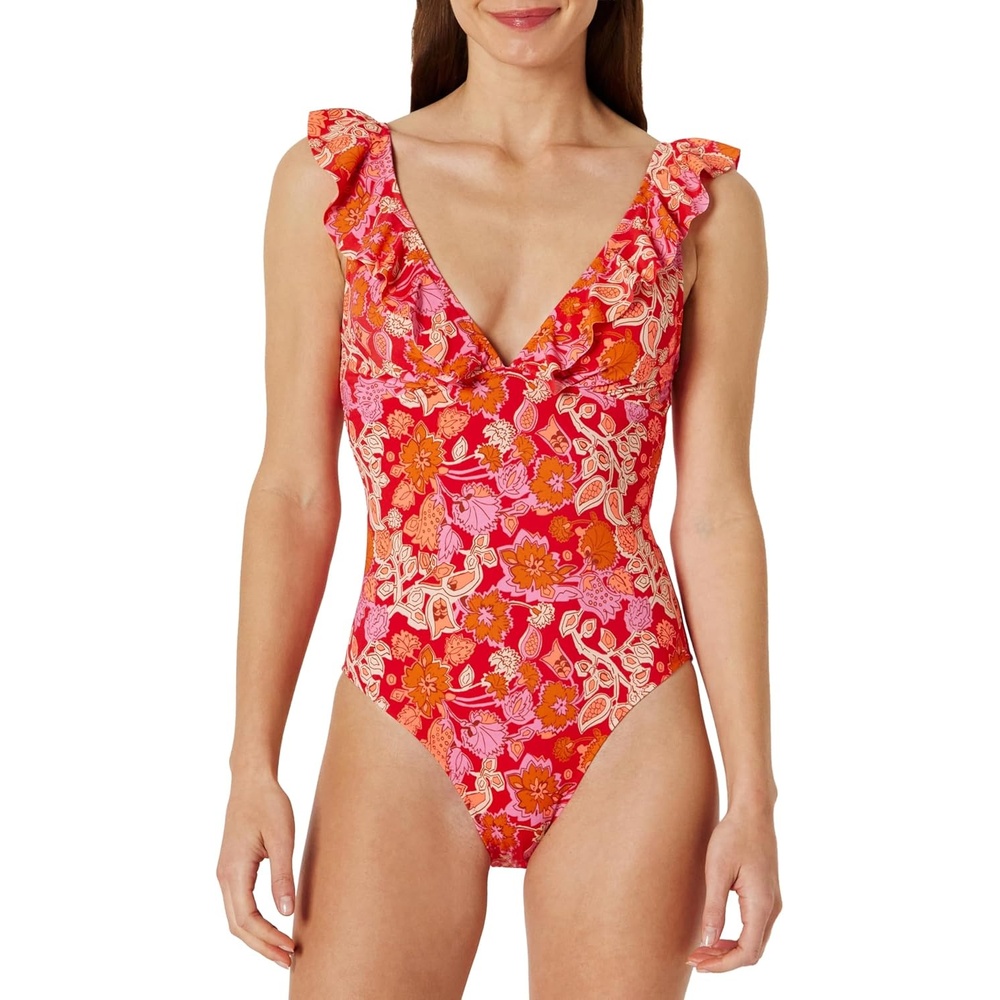 image:imageAmazon Essentials Womens Ruffle VNeck OnePiece SwimsuitBright Poppy Red Folk Floral