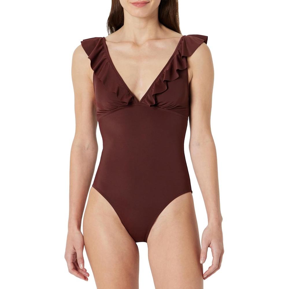 image:imageAmazon Essentials Womens Ruffle VNeck OnePiece SwimsuitDeep Brown