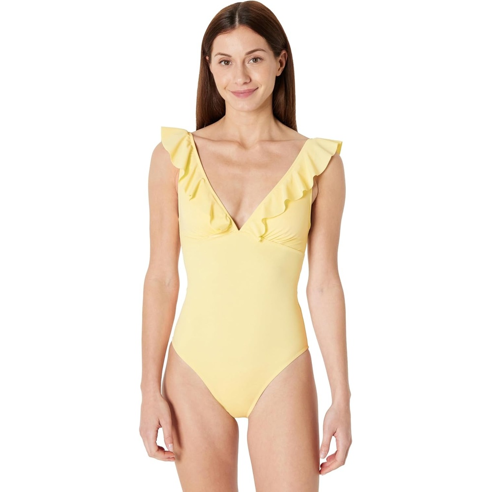image:imageAmazon Essentials Womens Ruffle VNeck OnePiece SwimsuitLight Yellow