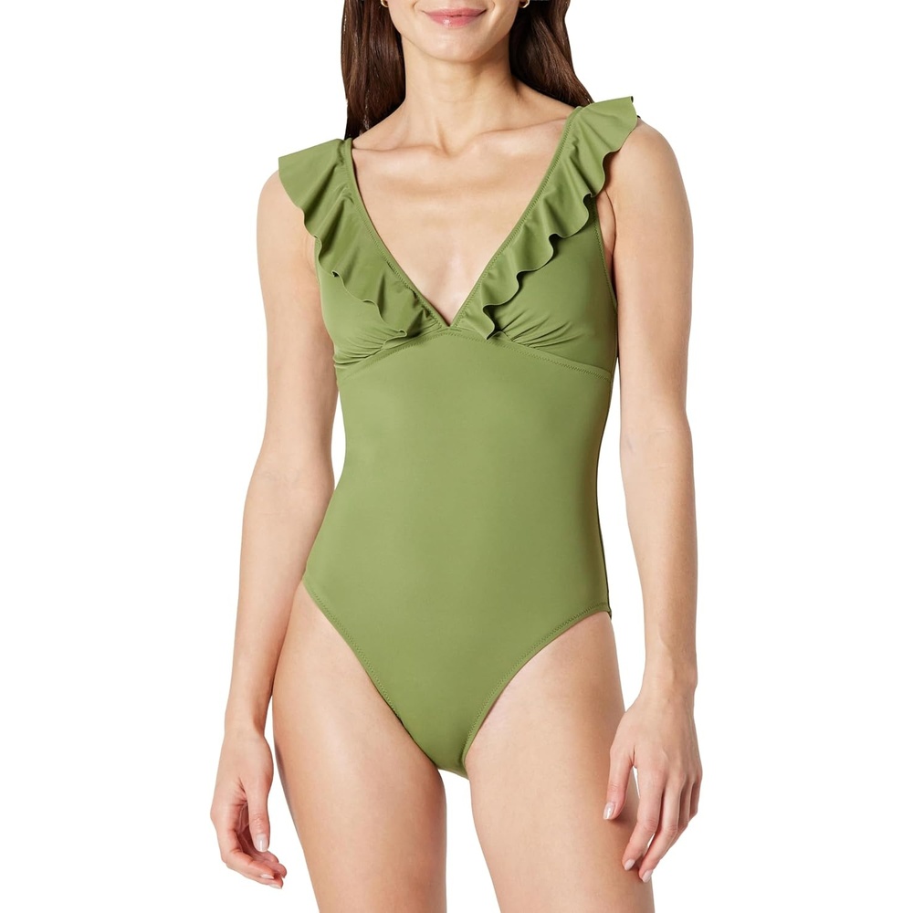 image:imageAmazon Essentials Womens Ruffle VNeck OnePiece SwimsuitOlive