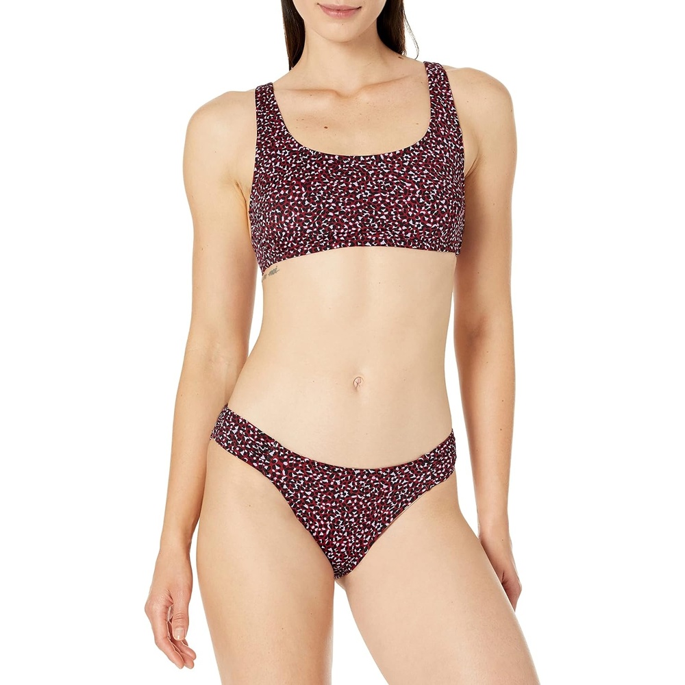 image:imageAmazon Essentials Womens Scoop Neck Swim Crop TopBrick Red Leopard
