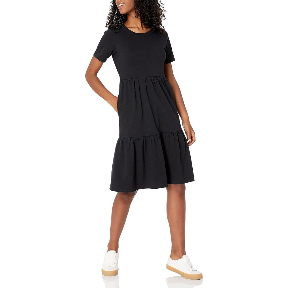 image:imageAmazon Essentials Womens ShortSleeve Crewneck Tiered Cotton DressBlack
