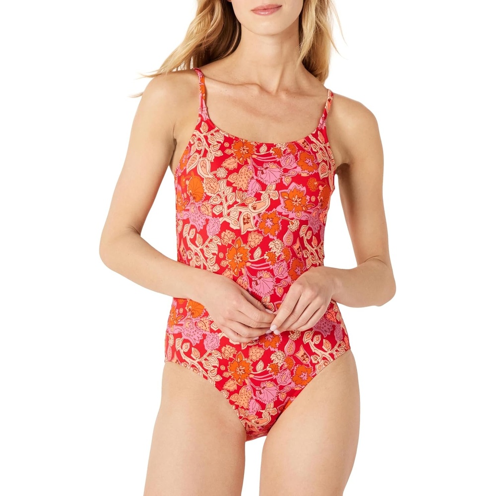 image:imageAmazon Essentials Womens Thin Strap OnePiece Swimsuit with Adjustable StrapsBright Red Multi Folk Floral