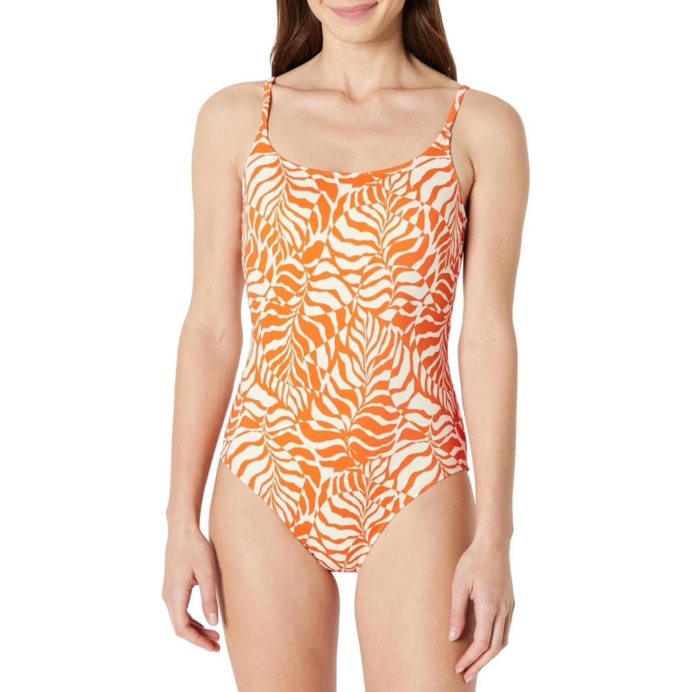 image:imageAmazon Essentials Womens Thin Strap OnePiece Swimsuit with Adjustable StrapsRust Orange Abstract Palms
