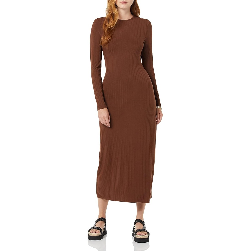 image:imageAmazon Essentials Womens Wide Rib Open Back Long Sleeve Dress Previously Daily RitualChocolate