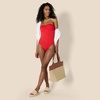 Amazon Essentials Women’s Bandeau One Piece Swimsuit(Bright Poppy Red)