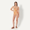 Amazon Essentials Women’s Bandeau One Piece Swimsuit(Rust Orange Abstract Palms)