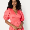 Amazon Essentials Women’s Regular-Fit Cotton Sateen Puff Sleeve Midi Dress, V-Neck(Coral Pink)