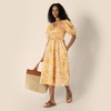 Amazon Essentials Women’s Regular-Fit Cotton Sateen Puff Sleeve Midi Dress, V-Neck(Golden Yellow Beige Folk Floral Multi)
