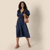 Amazon Essentials Women’s Regular-Fit Cotton Sateen Puff Sleeve Midi Dress, V-Neck(Navy)