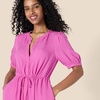 Amazon Essentials Women’s Relaxed Fit Half-Sleeve Breathable Button Front Drawstring Waist Midi A-Line Dress with Pockets(Bright Pink)