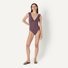 Amazon Essentials Women’s Ruffle V-Neck One-Piece Swimsuit(Brick Red Lilac Leopard)