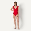 Amazon Essentials Women’s Ruffle V-Neck One-Piece Swimsuit(Bright Poppy Red)