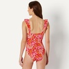 Amazon Essentials Women’s Ruffle V-Neck One-Piece Swimsuit(Bright Poppy Red Folk Floral)