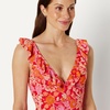 Amazon Essentials Women’s Ruffle V-Neck One-Piece Swimsuit(Bright Poppy Red Folk Floral)