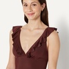 Amazon Essentials Women’s Ruffle V-Neck One-Piece Swimsuit(Deep Brown)
