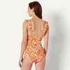 Amazon Essentials Women’s Ruffle V-Neck One-Piece Swimsuit(Rust Orange Abstract Palms)