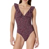Amazon Essentials Women’s Ruffle V-Neck One-Piece Swimsuit(Brick Red Lilac Leopard)