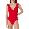 Amazon Essentials Women’s Ruffle V-Neck One-Piece Swimsuit(Bright Poppy Red)