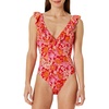 Amazon Essentials Women’s Ruffle V-Neck One-Piece Swimsuit(Bright Poppy Red Folk Floral)