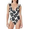 Amazon Essentials Women’s Ruffle V-Neck One-Piece Swimsuit(Cream Black Floral)