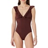 Amazon Essentials Women’s Ruffle V-Neck One-Piece Swimsuit(Deep Brown)