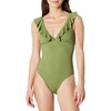 Amazon Essentials Women’s Ruffle V-Neck One-Piece Swimsuit(Olive)
