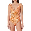 Amazon Essentials Women’s Ruffle V-Neck One-Piece Swimsuit(Rust Orange Abstract Palms)
