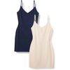 Amazon Essentials Women’s V Neck Slim Fit Cotton Layering Slip Dress with Adjustable Elastic Cami Straps(Beige/Navy)