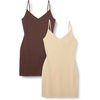 Amazon Essentials Women’s V Neck Slim Fit Cotton Layering Slip Dress with Adjustable Elastic Cami Straps(Brown/Light Camel)