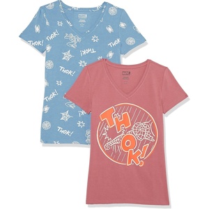 Amazon Essentials Disney | Marvel | Star Wars | Princess Women’s Classic-Fit Short-Sleeve V-Neck T-Shirt, Multipacks(Spider-man Thok)