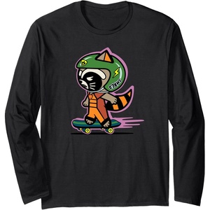 Amazon Essentials Guardians of the Galaxy Skateboarding Rocket Long Sleeve T-Shirt(Black)