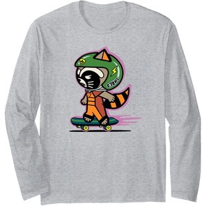Amazon Essentials Guardians of the Galaxy Skateboarding Rocket Long Sleeve T-Shirt(Heather Grey)